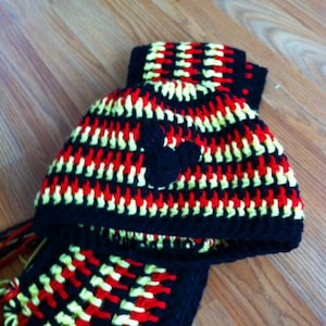 Handmade Crochet Red Yellow and Black  Hat and Scarf Set Free Shipping Gift Under 50