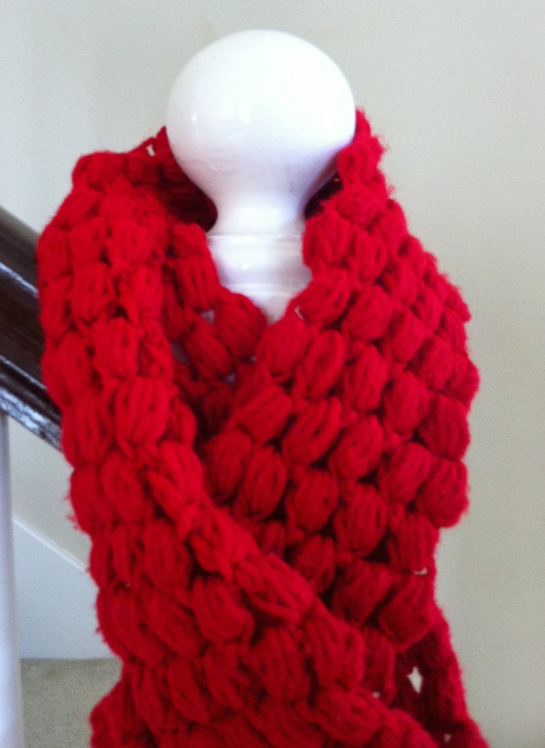 Crochet Red scarf puff stitch Ready to Ship Free Shipping Gift Under 50 Winter Accessory image 5