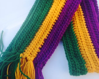 Handmade Crochet Green Gold Purple Mardi Gras  Scarf Free Shipping | Made with Super Soft Yarn | Gift Under 45