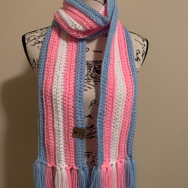 Handmade Crochet White Pink and Blue Scarf Winter Accessory Gift Under 25 Free Shipping | Winter Accessory | Gift Under 45 LBGTQ+ Pride