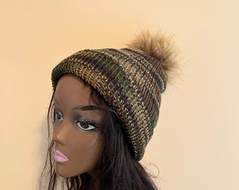 Handmade Camouflage Crochet Hat with Pom Free Shipping | Made with Super Soft Yarn | Christmas Gift Birthday Gift Under 35