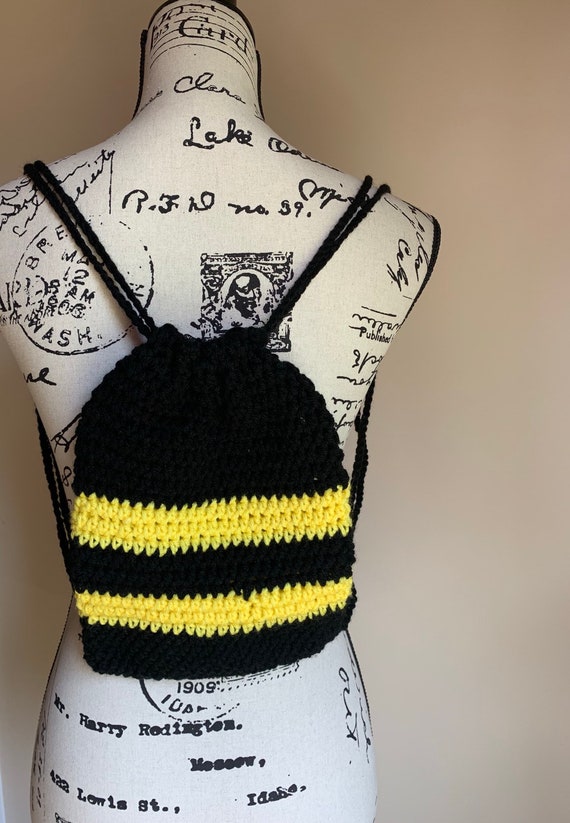 Handmade Mini Drawstring Crochet Bee Backpack Free Shipping