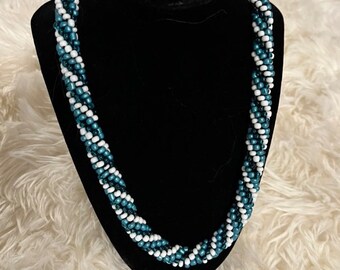 Handmade Teal Turquoise and White Beaded Crochet Necklace |16 inches|18 inches|20 inch long Necklace