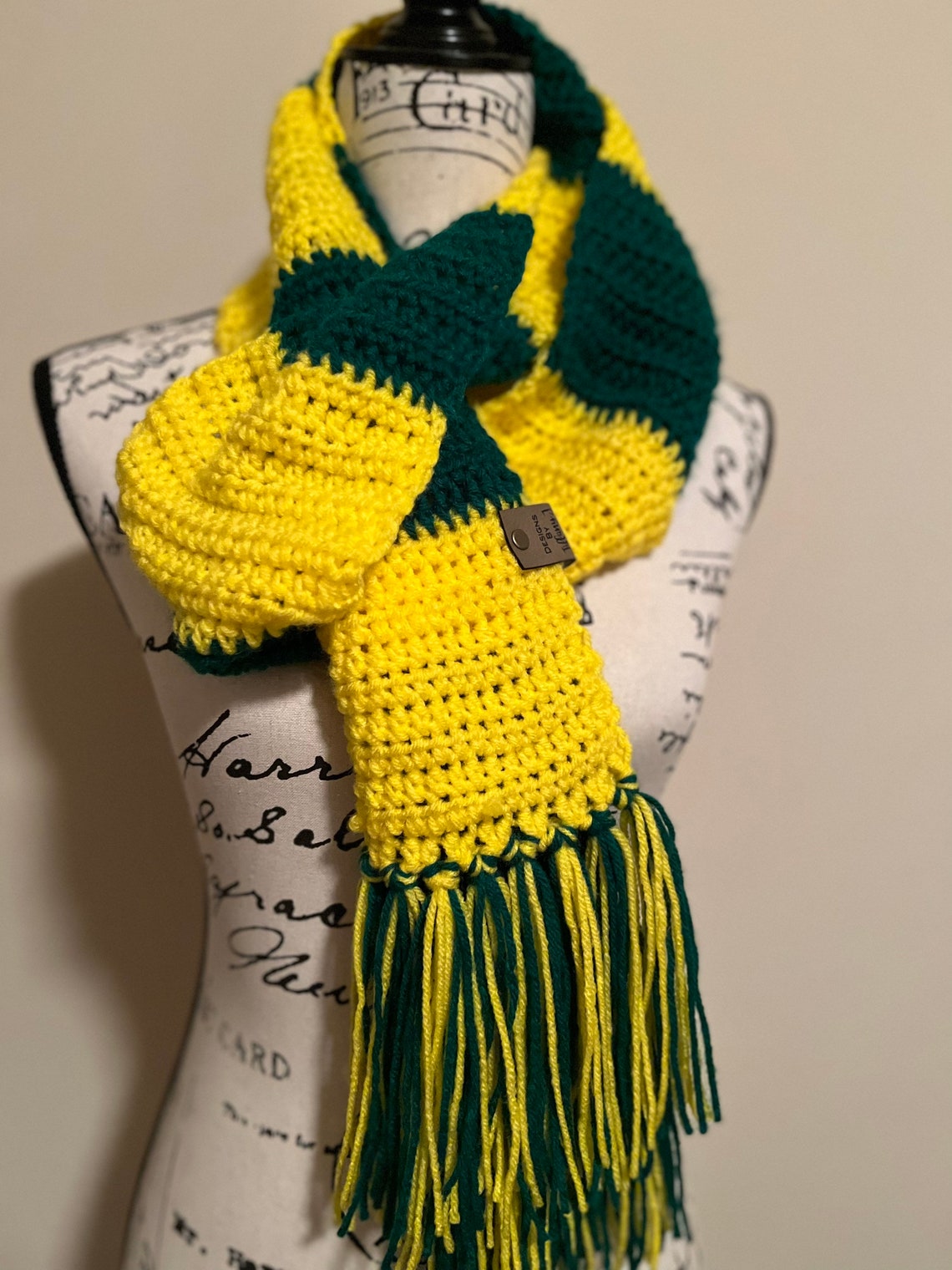 Handmade Crochet Scarf | Yellow and Green Striped Fringe - Etsy