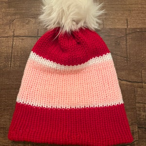 Handmade Knitted Beanie Hat Red White and Pink with Faux Fur Pom Pom Removable Pom Pom Gift Free Shipping Free Shipping Gift Birthday image 1