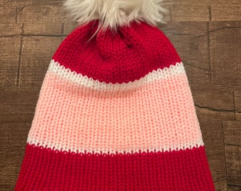Handmade Knitted Beanie Hat Red White and Pink with Faux Fur Pom Pom Removable Pom Pom| Gift | Free Shipping Free Shipping | Gift Birthday