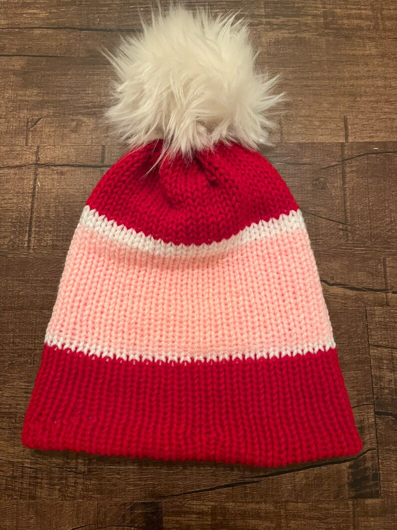 Handmade Knitted Beanie Hat Red White and Pink with Faux Fur Pom Pom Removable Pom Pom Gift Free Shipping Free Shipping Gift Birthday image 1