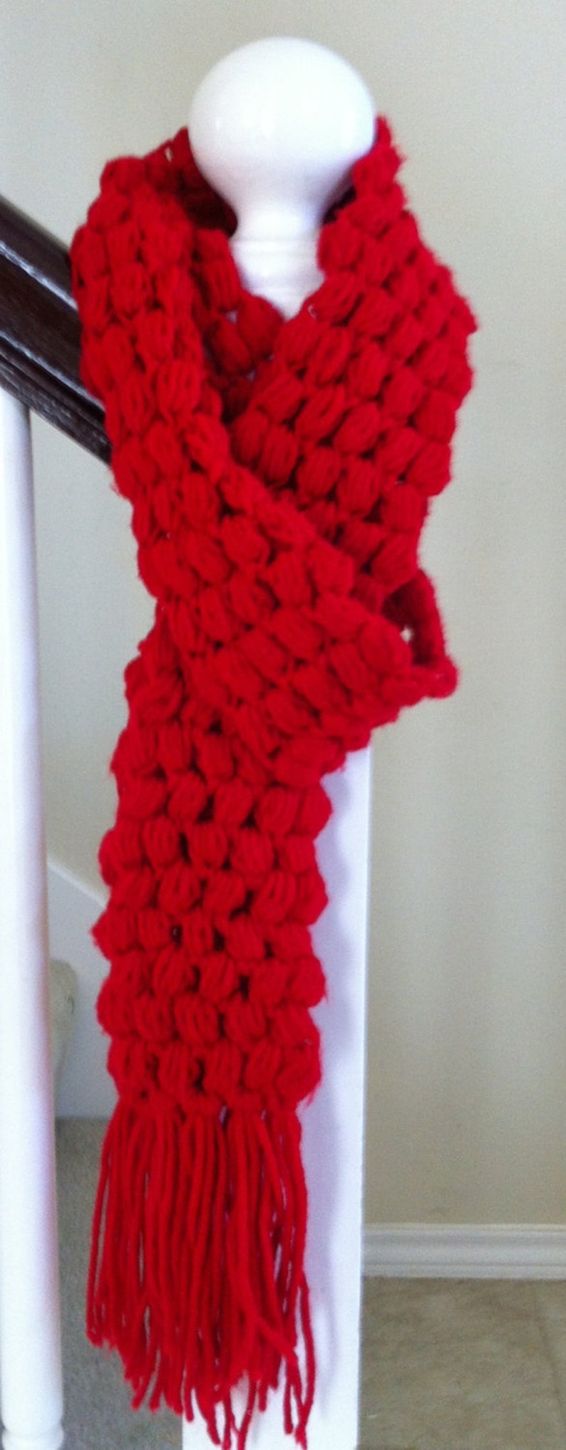 Crochet Red scarf puff stitch Ready to Ship Free Shipping Gift Under 50 Winter Accessory image 1