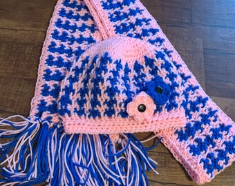 Handmade Crochet Hat and Scarf Set with Flower Pink and Blue Made to Order Free Shipping