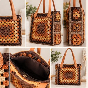 May include: A crochet tote bag featuring a granny square pattern in shades of brown, orange, and cream. It has tan leather-look shoulder handles, a magnetic snap closure, and a fully lined interior. Dimensions are 10 inches high, 10 inches wide, 3 inches deep.