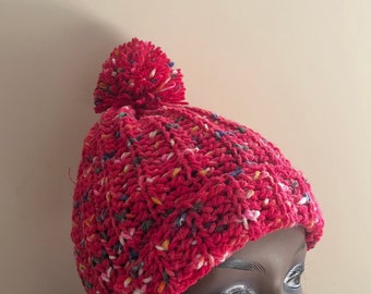 Handmade Red confetti Rib Stitch Crochet Beanie Made to Order Holiday Gift Fast Shipping Free Shipping Winter Accessories