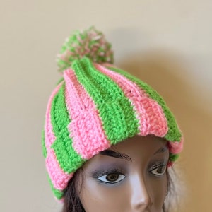 Crochet Beanie Hat Pink and Green Gift Free Shipping Free Shipping Birthday Gift Under 35 Handmade image 2