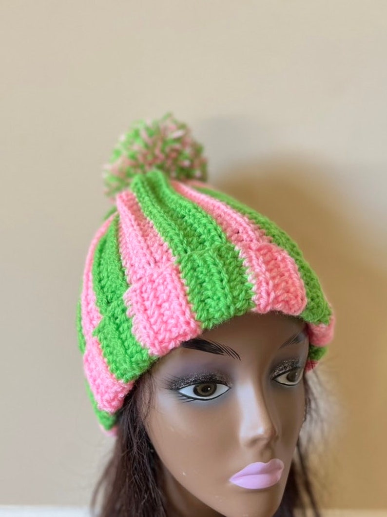 Crochet Beanie Hat Pink and Green Gift Free Shipping Free Shipping Birthday Gift Under 35 Handmade image 2