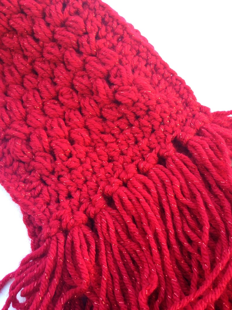 Handmade Red Crochet Scarf with metallic flakes personalized unique gift ideas Gift Under 50 soft yarn image 3