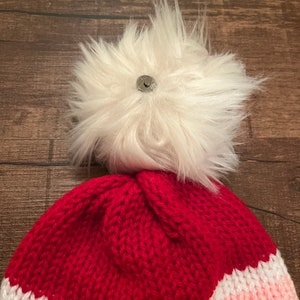Handmade Knitted Beanie Hat Red White and Pink with Faux Fur Pom Pom Removable Pom Pom Gift Free Shipping Free Shipping Gift Birthday image 3