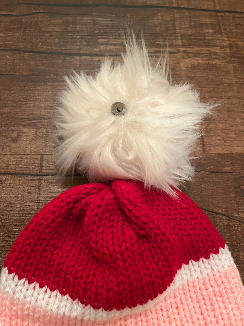 Handmade Knitted Beanie Hat Red White and Pink with Faux Fur Pom Pom Removable Pom Pom Gift Free Shipping Free Shipping Gift Birthday image 3