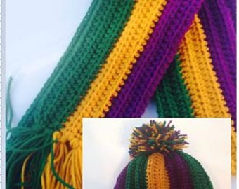 Crochet Mardi Gras Green Purple Gold  scarf and hat set Free Shipping