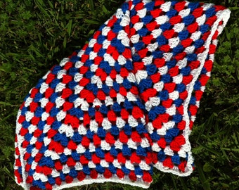 Crochet Granny Square Blanket, White and Blue, Made to Order