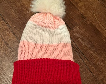 Handmade Knitted Beanie Hat Red White and Pink with Faux Fur Pom Pom Removable Pom Pom| Gift | Free Shipping Free Shipping | Gift Birthday