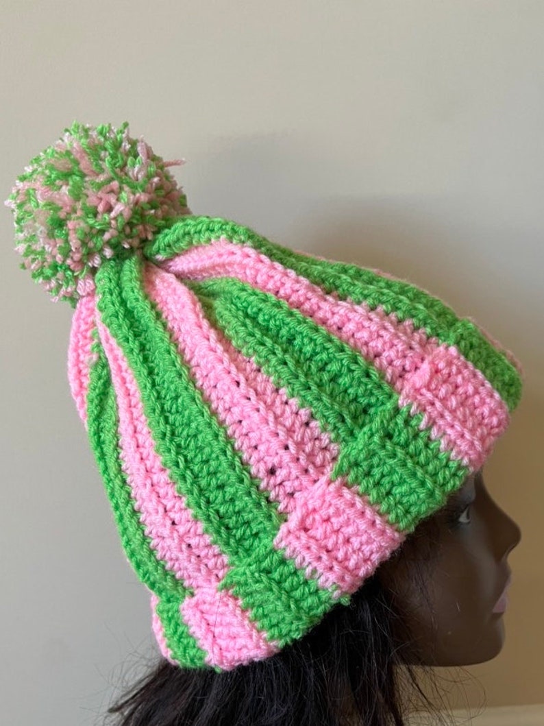 Crochet Beanie Hat Pink and Green Gift Free Shipping Free Shipping Birthday Gift Under 35 Handmade image 1
