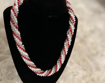 Handmade Red, Clear and White Beaded Crochet Necklace |16 inches|18 inches|20 inch long Necklace