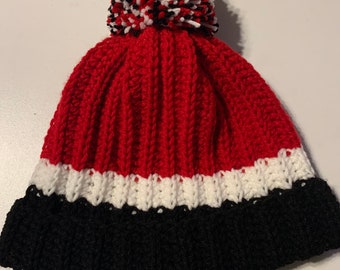 Handmade Red Black and White Crochet Beanie Made to Order Holiday Gift Free Shipping Gift Under 35 winter accessory