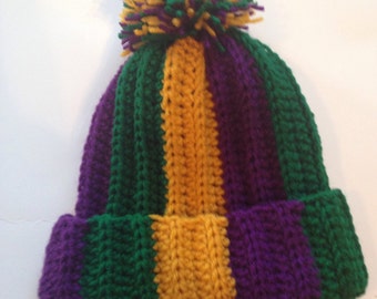 Handmade Crochet Mardi Gras Beanie with Pom | Soft Yarn