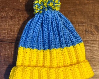 Ukraine Flag Crochet Hat | Blue and Yellow Pom Pom Beanie