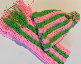 Handmade Crochet Hat‎ and Scarf Set Olive Green Pink Neutral Pom Pom Winter Warm Free Crochet Pattern: The Greene Pom Pom Scarf main image 4