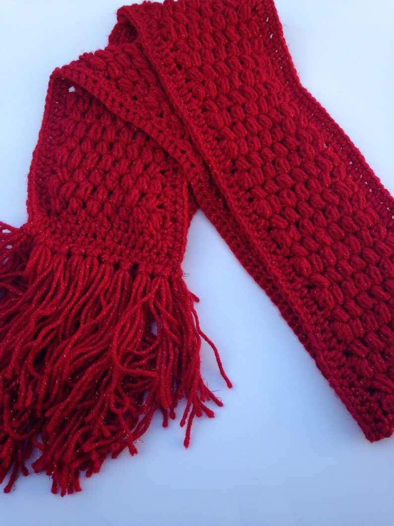 Handmade Red Crochet Scarf with metallic flakes personalized unique gift ideas Gift Under 50 soft yarn image 1