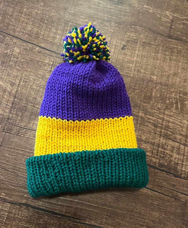 Handmade Knitted Mardi Gras Crochet Hat with Pom Free Shipping Made with Super Soft Yarn Christmas Gift Birthday Gift Under 35 image 6