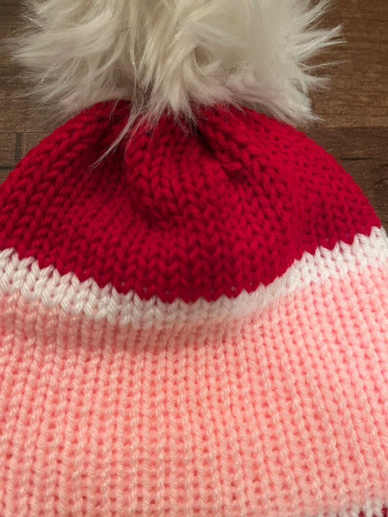 Handmade Knitted Beanie Hat Red White and Pink with Faux Fur Pom Pom Removable Pom Pom Gift Free Shipping Free Shipping Gift Birthday image 4