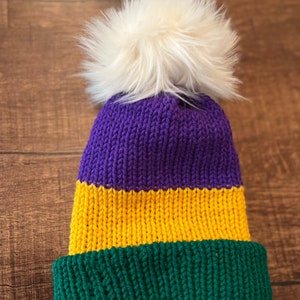 Handmade Knitted Mardi Gras Crochet Hat with Pom Free Shipping Made with Super Soft Yarn Christmas Gift Birthday Gift Under 35 image 1