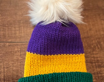 Handmade Knitted Mardi Gras Crochet Hat with Pom Free Shipping | Made with Super Soft Yarn | Christmas Gift Birthday Gift Under 35