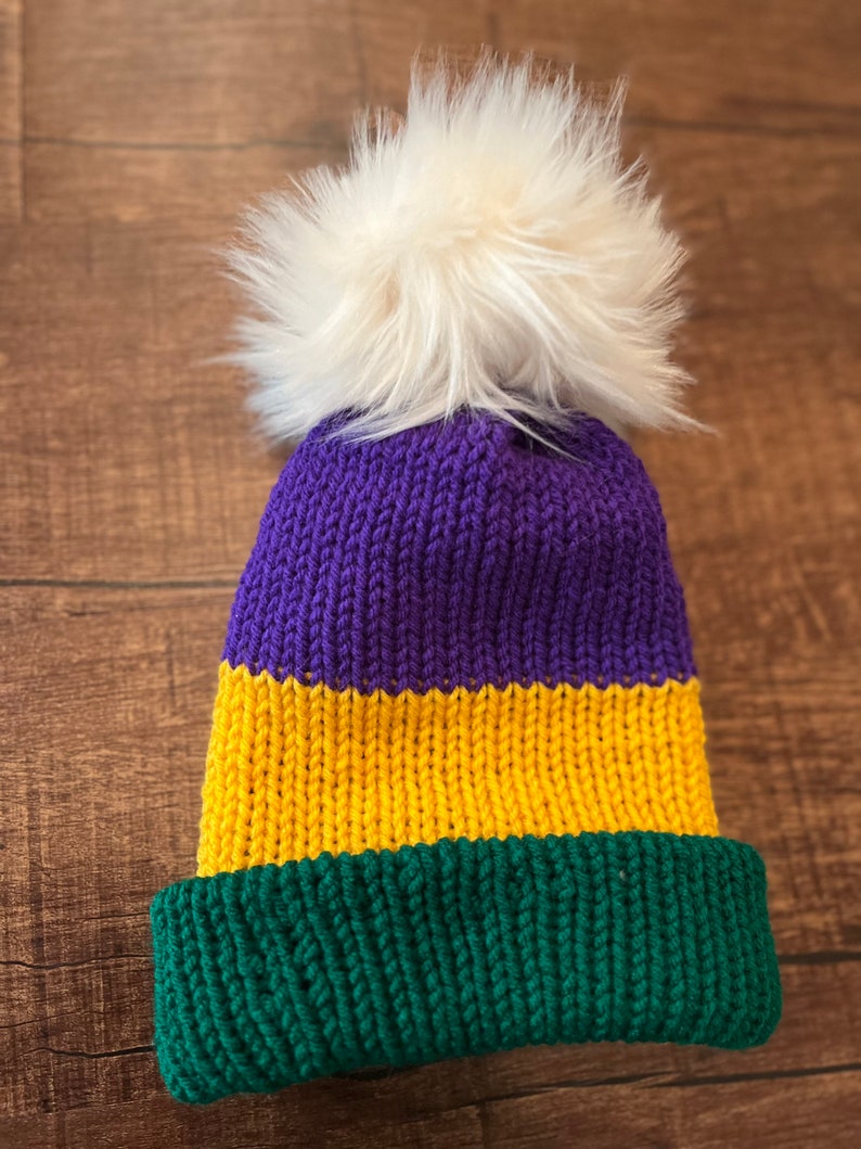 Handmade Knitted Mardi Gras Crochet Hat with Pom Free Shipping Made with Super Soft Yarn Christmas Gift Birthday Gift Under 35 image 1