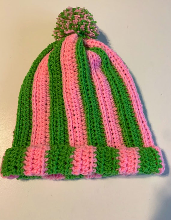 Handcrafted Green and Pink Crochet Hat Handmade Crochet Pompom Beanie: Green and Pink Winter Hat - Etsy main image 2