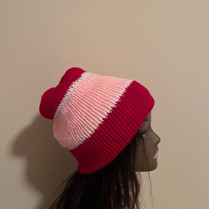 Handmade Knitted Beanie Hat Red White and Pink with Faux Fur Pom Pom Removable Pom Pom Gift Free Shipping Free Shipping Gift Birthday image 6
