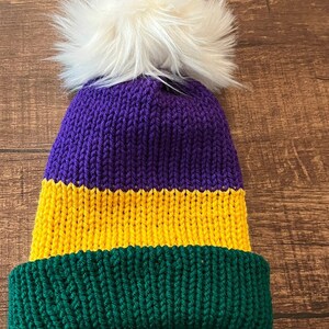 Handmade Knitted Mardi Gras Crochet Hat with Pom Free Shipping Made with Super Soft Yarn Christmas Gift Birthday Gift Under 35 image 3