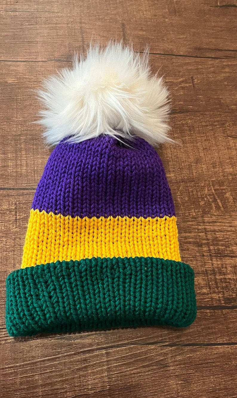 Handmade Knitted Mardi Gras Crochet Hat with Pom Free Shipping Made with Super Soft Yarn Christmas Gift Birthday Gift Under 35 image 3