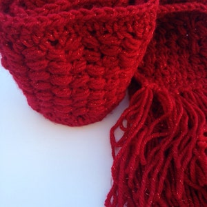 Handmade Red Crochet Scarf with metallic flakes personalized unique gift ideas Gift Under 50 soft yarn image 4