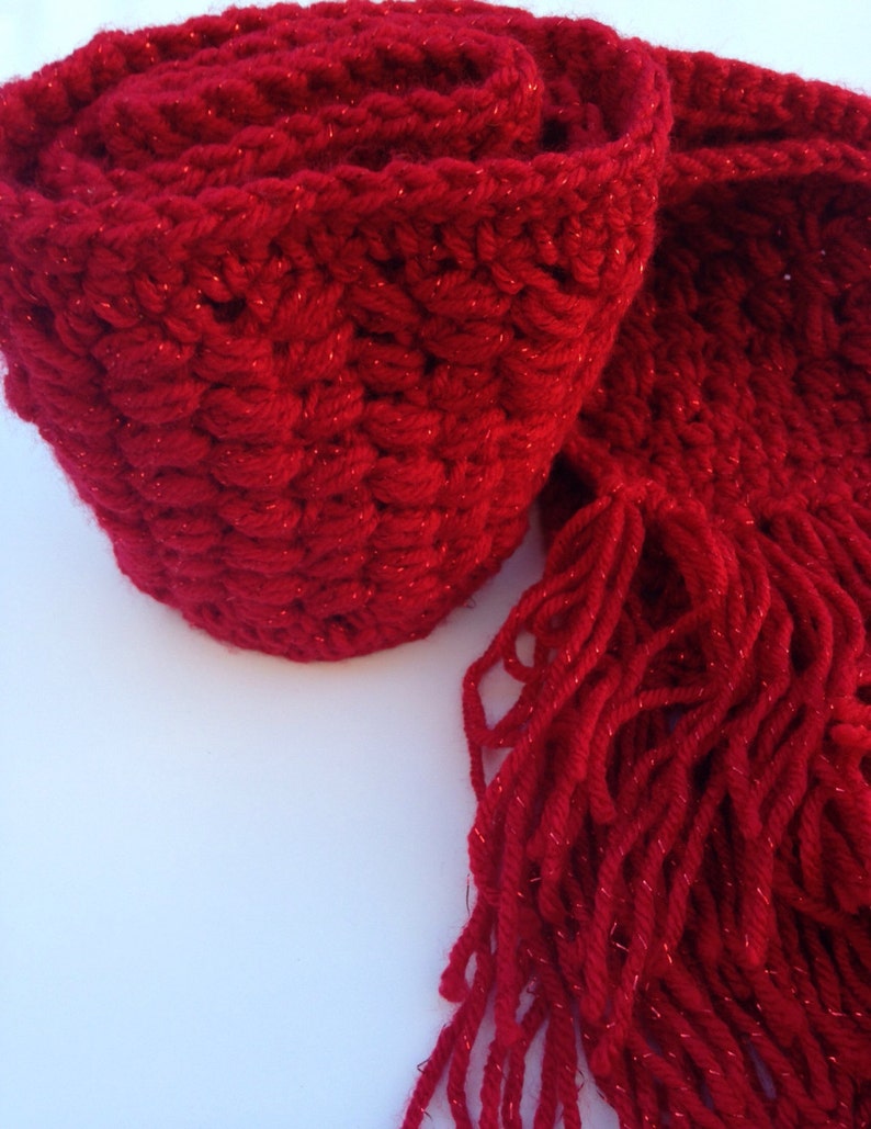 Handmade Red Crochet Scarf with metallic flakes personalized unique gift ideas Gift Under 50 soft yarn image 4