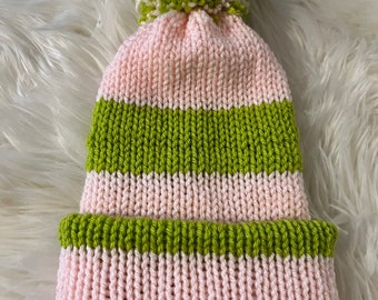 Handmade Knitted Beanie Hat Pink and Green Gift Free Shipping Free Shipping | Gift Birthday Gift Under 35