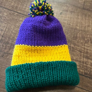 Handmade Knitted Mardi Gras Crochet Hat with Pom Free Shipping Made with Super Soft Yarn Christmas Gift Birthday Gift Under 35 image 4