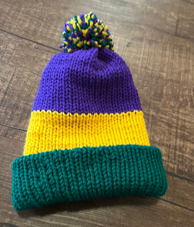 Handmade Knitted Mardi Gras Crochet Hat with Pom Free Shipping Made with Super Soft Yarn Christmas Gift Birthday Gift Under 35 image 4