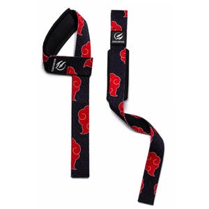 May include: A pair of black weightlifting straps featuring a repeating red cloud pattern. Each strap includes a padded wrist loop and a woven label with the white text ZOKUGEAR and a bird logo. The durable fabric construction provides support.