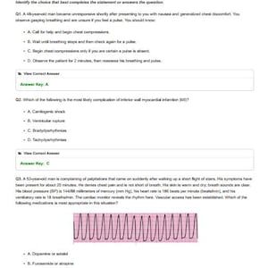 Könnte beinhalten: Ein Dokument mit dem Titel "AHA ACLS Post Test Answer Key 2026" mit Fragen und Multiple-Choice-Antworten zum erweiterten kardiovaskulären Leben. Enthält einen EKG-Rhythmusstreifen.