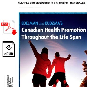Può includere: Annuncio pubblicitario per una guida allo studio digitale intitolata "Canadian Health Promotion Throughout the Life Span". L'immagine presenta sagome di due persone che saltano con le braccia alzate contro un cielo blu. Il testo include "Instant PDF" e "Exam Pass Guaranteed."