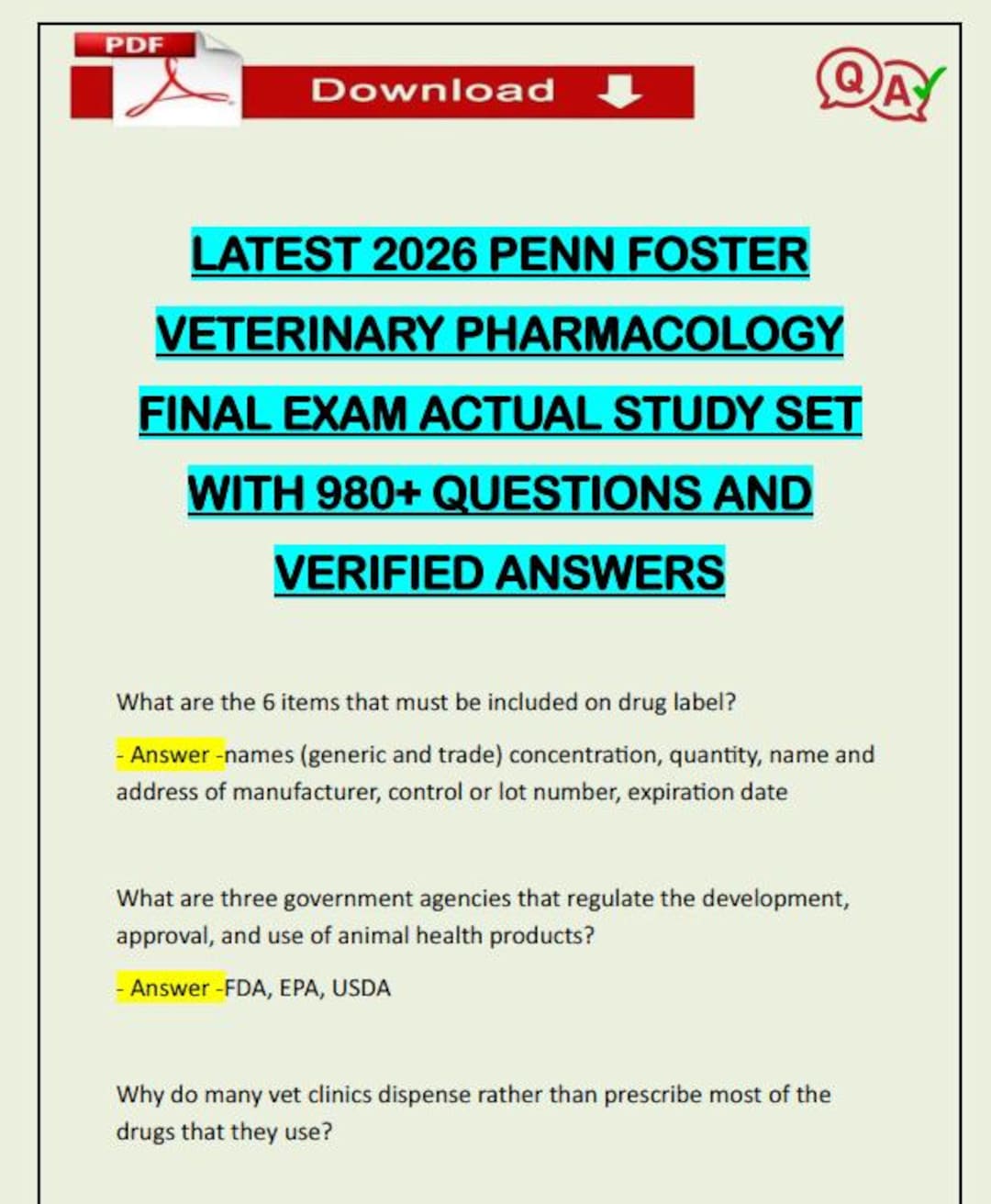 Latest 2026 Penn Foster Veterinary Pharmacology Final Exam Actual Study ...
