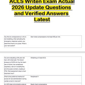 Könnte beinhalten: Ein Dokument mit dem Titel "ACLS Written Exam Actual 2026 Update Questions and Verified Answers Latest". Es enthält medizinische Prüfungsfragen und -antworten mit schwarzem Text und gelben Markierungen.
