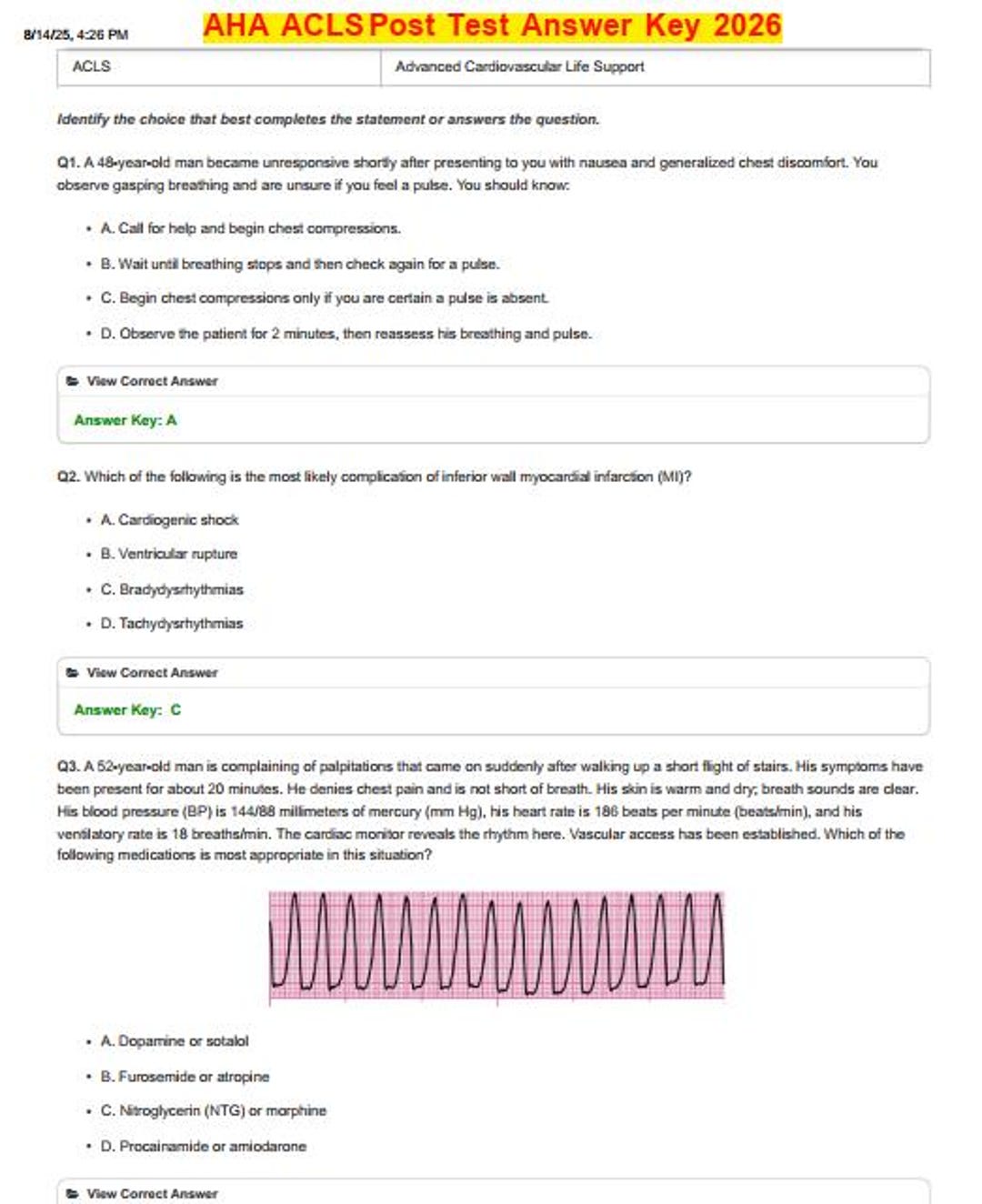 AHA ACLS Post Test Answer Key 2026 PDF Download - Etsy